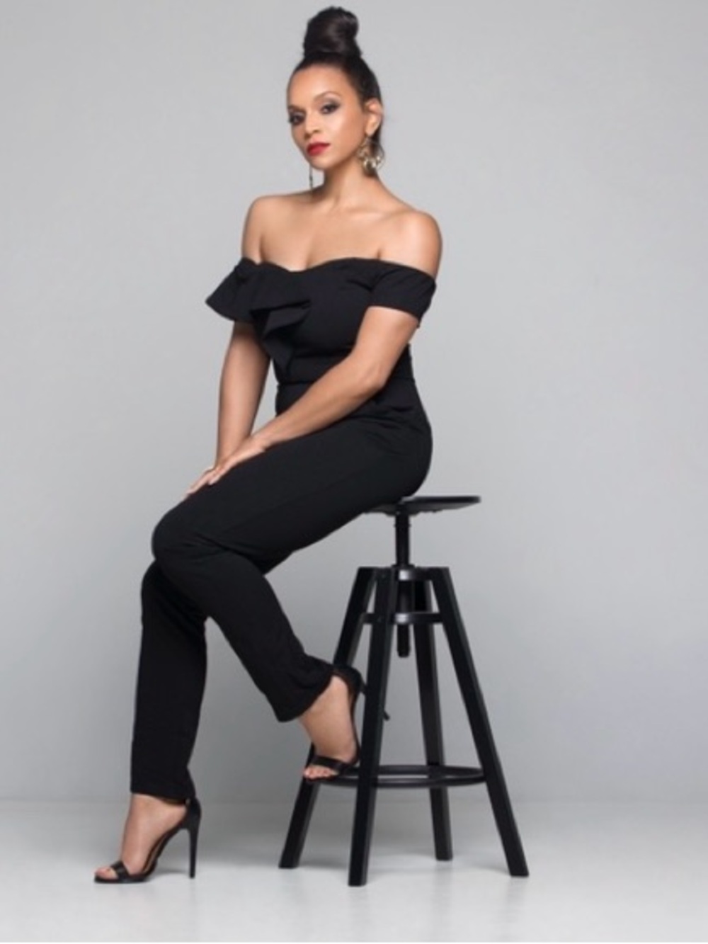 ASOS Black Off-the-Shoulder Jumpsuit with Ruffle Detail